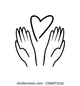 The palms of the hands. Heart in hand. A symbol of preservation.  Vector icon. Vector cartoon icons for ecology. Symbols of nature protection. Conservation of the earth from pollution by garbage.