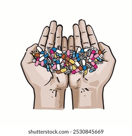 palms up hands holding pile of pills isolated on white background illustration