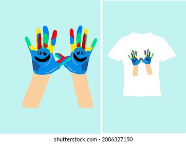 The palms of the hands are open with multicolored paints and a smiling face vector illustration, ready for printing on a t-shirt, clothing, poster and other purposes.