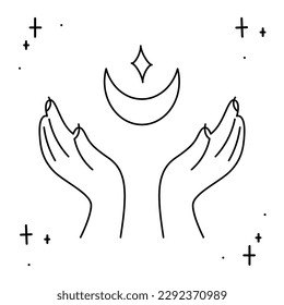 The palms of the hands are open towards the crescent and the star. Doodle vector illustration, clipart.
