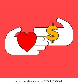Palms with heart and dollar. Vector illustration
