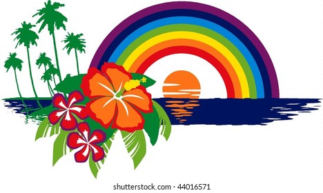Palms, hibiscus and rainbow.