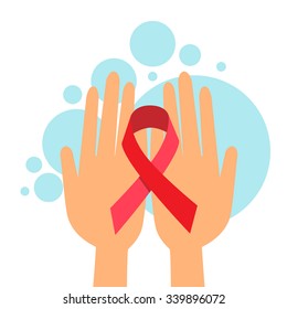 Palms Hold Red Ribbon World AIDS Day Awareness Concept Flat Vector Illustration
