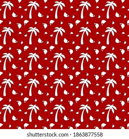 Palmas y campanas patrón de Navidad. Blanco sobre rojo. Borde negro. Patrón sin foco.