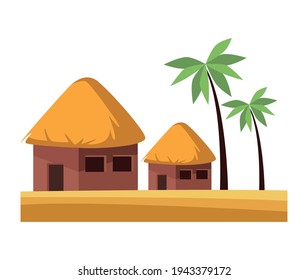 palms and huts beach scene