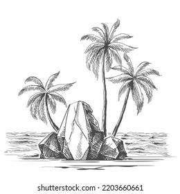 Palms island sketch. Hawaii hand-drawn tropical beach illustration, vector tropic sea palm trees on rocks landscape drawing, tropics jungle ocean stones