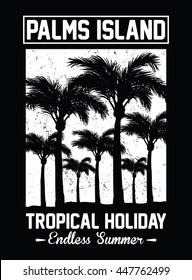 Palms island tropical holiday typography, t-shirt graphics, vectors