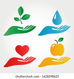 Palms with a leaf, a drop of water, a heart and an apple
