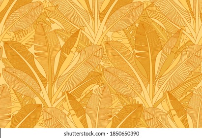 Palms, leaf foliage, trees, bushes pattern. Exotic tropical banana palm leaves seamless background. Vector equatorial rainforest wallpaper design. 
