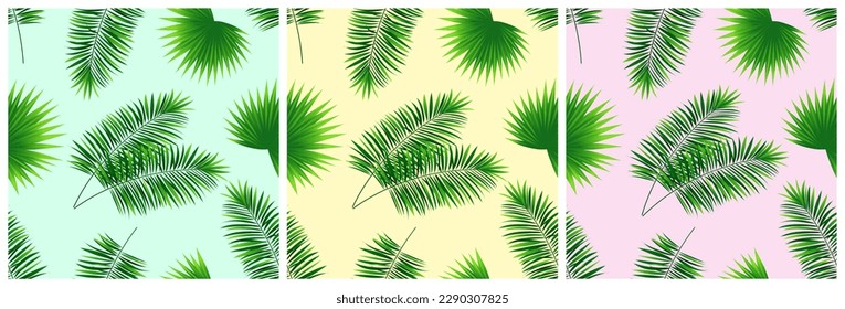 Palms leaves seamless patterns set. Cute tropical template backgrounds collection. vector illustration. jungle plant texture. beautiful tropic wallpaper. tropical spring, summer design. Pastel color