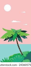 Palms and ocean. Ocean coast. Chill vibes. Hello summer banner. Marine vector landscape. 
