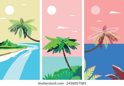 Palms and ocean. Ocean coast. Chill vibes. Hello summer banner. Marine vector landscape. 