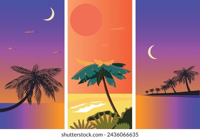  Palms and ocean. Ocean coast. Chill vibes. Marine vector landscape. 