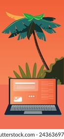 Palms and ocean. Ocean coast. Chill vibes. Marine vector landscape. 
