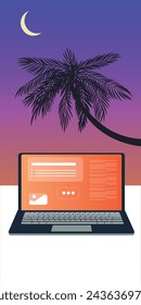Palms and ocean. Ocean coast. Chill vibes. Marine vector landscape. 