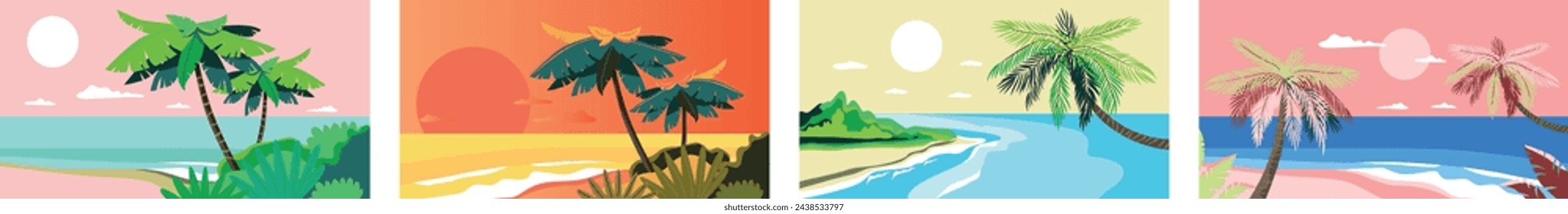 Palms and ocean. Ocean coast. Chill vibes. Marine vector landscape. 