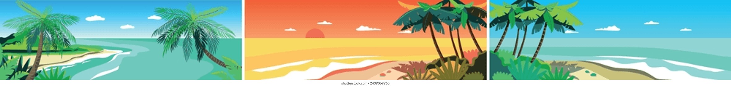 Palms and ocean. Ocean coast. Chill vibes. Marine vector landscape. 