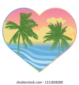 Palms and ocean in heart. Vector hand drawn illustration in style of 90-s