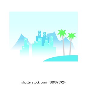 Palms on the background of the city and mountains