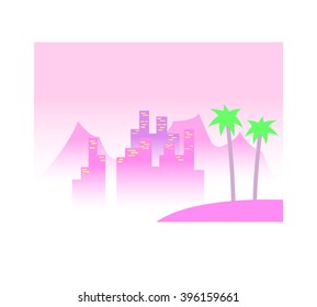 Palms on the background of the city and mountains