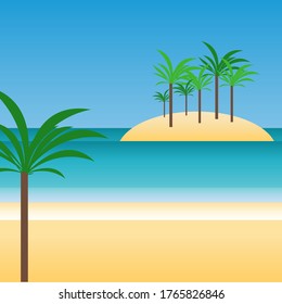 Palmeras en la playa, océano azul, mar y arena, simple ilustración vectorial plana