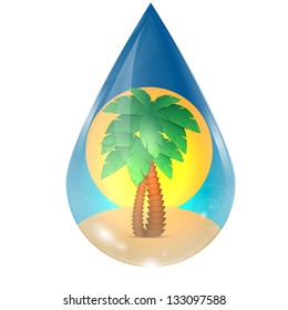 palms on sand and sun in a drop of water
