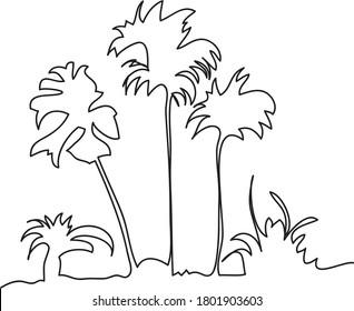 Palms. One continuous line art. Landskape. Sketch. Isolated element on white background. Vector.