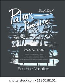 palms paradise slogan with palm silhouette on summer sky