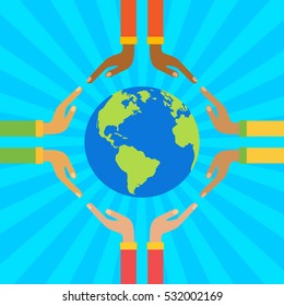 The palms of people of different skin colors holding globe. Ecological concept in flat style. Vector illustration on the theme: Save our planet.