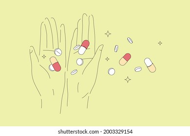 Palmeras con pastillas y cápsulas. Ilustración vectorial plana y de línea aislada en fondo verde. El concepto de salud y salud mental.