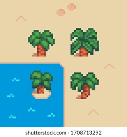 Palms pixel art icon set. Game assets. 8-bit sprite. Isolated abstract vector illustration.  Element design for stickers, embroidery, mobile app. Palm tree on an island in the sea.