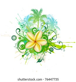 Palms, plumeria flower, abstract floral design