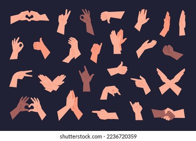 Palms poses. Hand gestures with clenched fingers, arm showing something thumb up ok five number gesture pinch wrist pose, handshake handing applause set vector illustration of palm hand gesture