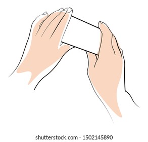 Palms position, hands holding object mockup or paper piece squeezing isolated icon vector. Fingers, human limbs and item template. Body parts, hold and touch blank sheet or card, anatomy in action