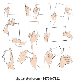 Palms positions, hands holding objects mockups or paper by edges, isolated icons vector. Fingers and gesture, human limbs and items templates. Body parts, hold and squeeze, touch or show, give