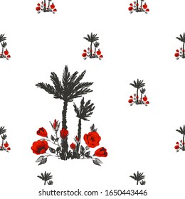 Palms and red roses seamless. Fabric pattern with black silhouette of palm trees decorated red rose flowers. Floral fashion tracery.