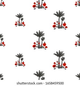 Palms and red roses seamless. Fabric pattern with black silhouette of palm trees decorated red rose flowers. Floral fashion tracery.