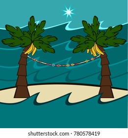 Palms with ripe bananas on which are hanging decorative lights, on the island in the middle of the sea, at night the star shines.