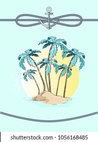 Palms and rope with anchor, high trees with broad leaves, decoration and frame, sea adventure and rest vector illustration isolated on blue background