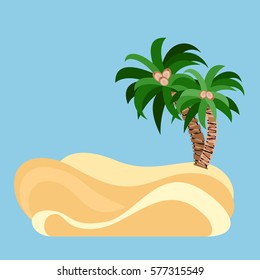 Palms at sand. Abstract small location with tropical trees. Design element. Vector illustration.