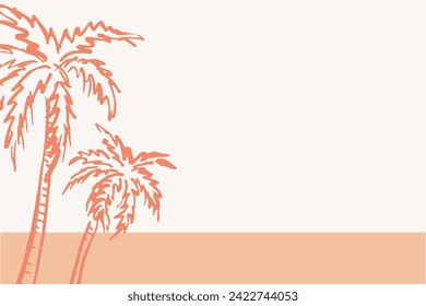 Palms sea background hand drawn vector illustration boho style peach colour, tropic motif. Silhouette summer marine landscape, design banner for text, flyer, poster, card.Vacation , travel, lifestyle