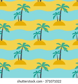 Palms and sea, Seamless vacation pattern with sea waves and abstract palms