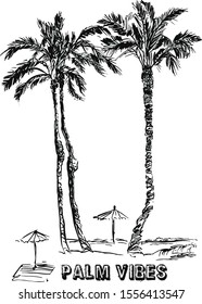 Palms at the Sea with Umbrellas, Ocean Waves Paradise Vibes, Black and white Etching Graphics, Lithography Illustration on White Background, Tropical Jungles