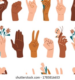 Palms seamless pattern. Different skin colors hands with flowers. Human palms, wrists, gestures. No racism, We are equal concept. Flat style social supporting illustration. Vector texture