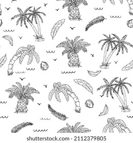 palms seamless pattern. Summer tropical background, hand-drawing in ink. Black and white artline, sketch