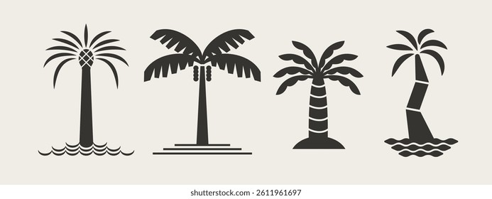 Palms set. Black silhouettes. Palms, island, sea, ocean waves. Line art style. Design for logo, brand. Vector icon. Palm tree.