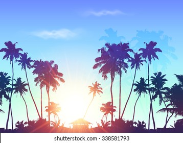 Palms silhouettes at blue sunrise sky, vector background