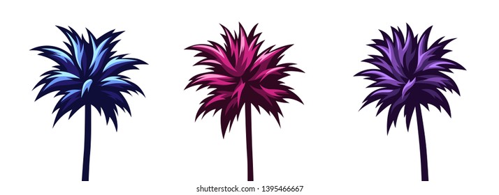 Palms silhouettes isolated. Summer tropical background. Sunset or sunrise. Blue color. Beautiful nature landscape. Simple modern design. Flat style vector illustration.