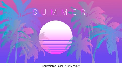 Palms silhouettes at neon blue sunset sky. Vector futuristic synthwave/ retrowave style illustration in neon colors. Rave party Flyer design template in 1980s-1990s style, aesthetics of retrofuturism.