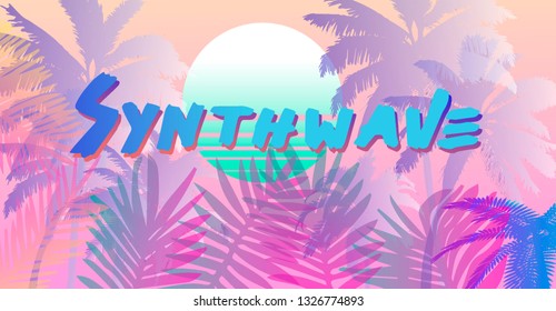 Palms silhouettes at neon blue sunset sky. Vector futuristic synthwave/ retrowave style illustration in neon colors. Rave party Flyer design template in 1980s-1990s style, aesthetics of retrofuturism.